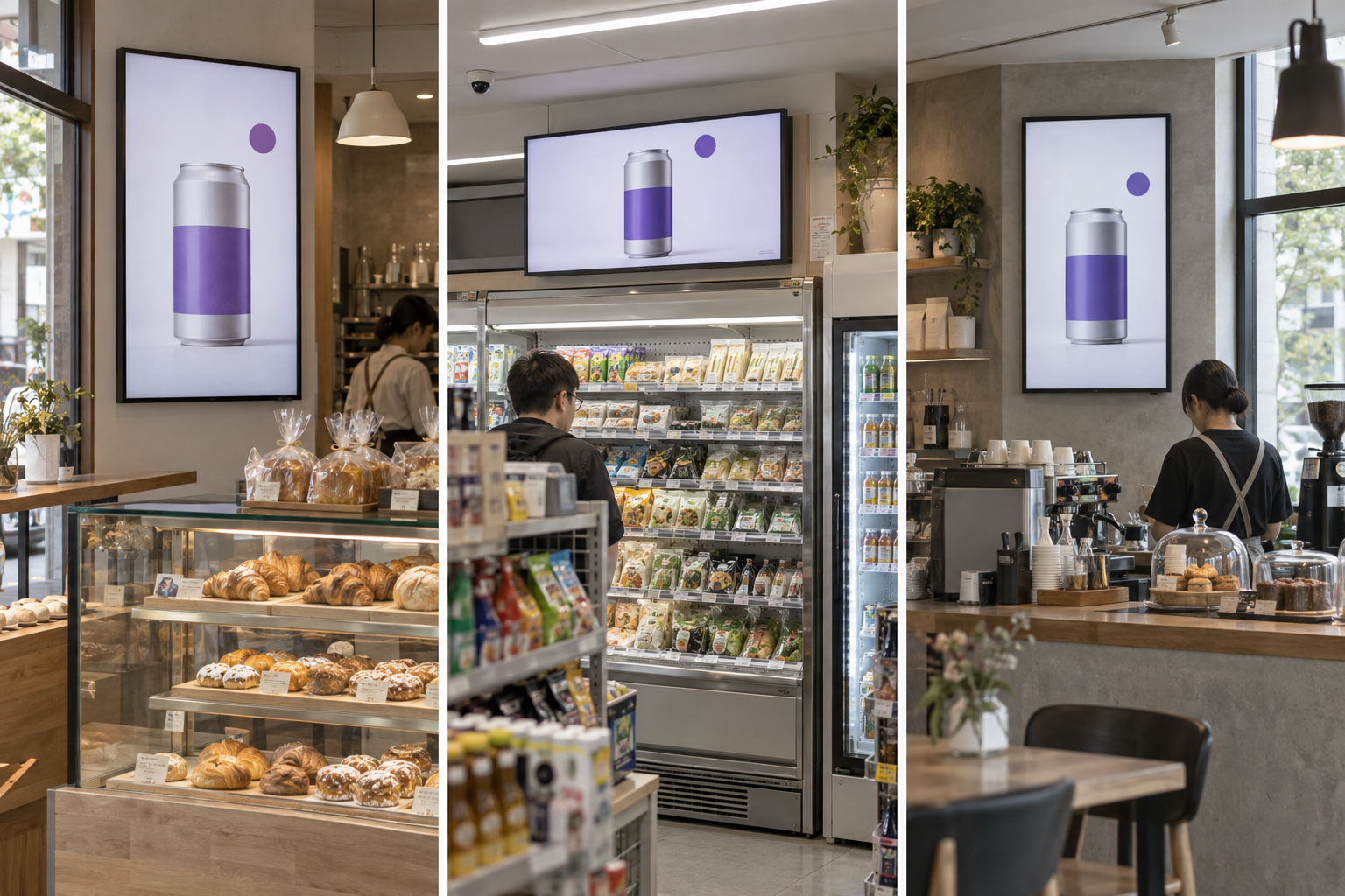 零售媒體情境示意：同一品牌飲品廣告出現在烘焙店、便利商店與咖啡店的螢幕